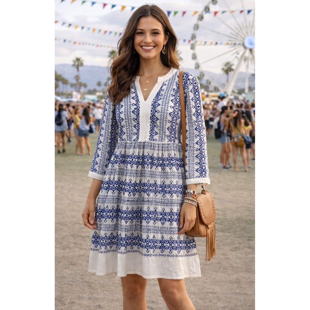 NWT Fig + Flower Boho Navy White Tunic Dress Flowy Festival A-Line Summer Sz L
